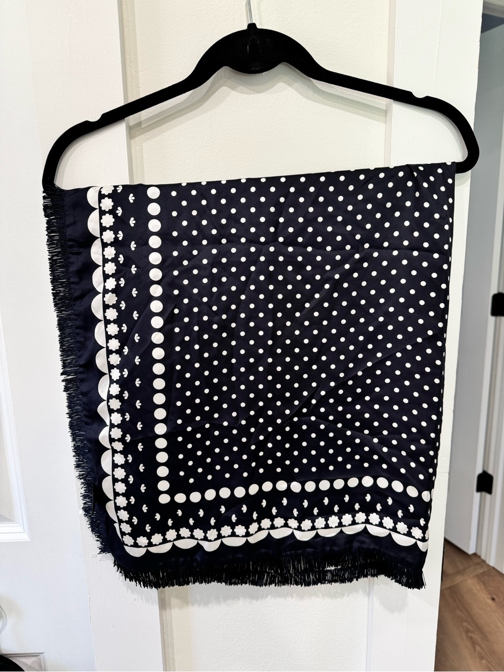 100% Silk Navy and White Polka Dot Scarf Wrap - Classic Fringe